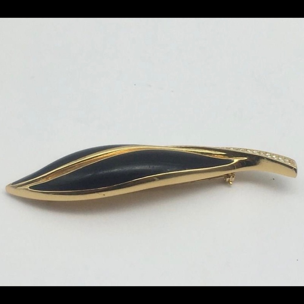 Vintage Christian Dior Swarovski Crystal Leaf Black Enamel Brooch
